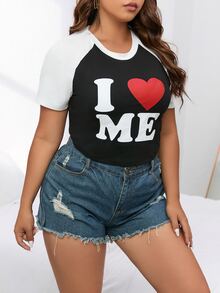 SHEIN EZwear Plus Heart & Slogan Graphic Raglan Sleeve Tee - Black and White - View 3