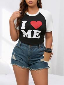 SHEIN EZwear Plus Heart & Slogan Graphic Raglan Sleeve Tee - Black and White - View 4