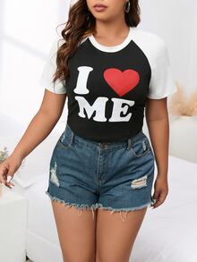 SHEIN EZwear Plus Heart & Slogan Graphic Raglan Sleeve Tee - Black and White - View 5