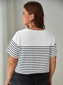 SHEIN Frenchy Plus Striped Print Heart Patched Tee - White - View 2