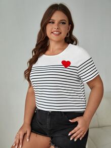 SHEIN Frenchy Plus Striped Print Heart Patched Tee - White - View 3