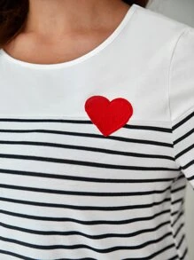 SHEIN Frenchy Plus Striped Print Heart Patched Tee - White - View 4