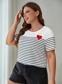 SHEIN Frenchy Plus Striped Print Heart Patched Tee - White - View 5