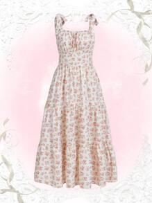 ROMWE Kawaii Ditsy Floral Print Tie Shoulder Ruffle Hem Cami Dress Cottagecore Dress - Pink - View 1