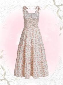 ROMWE Kawaii Ditsy Floral Print Tie Shoulder Ruffle Hem Cami Dress Cottagecore Dress - Pink - View 2