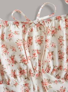 ROMWE Kawaii Ditsy Floral Print Tie Shoulder Ruffle Hem Cami Dress Cottagecore Dress - Pink - View 3