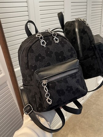 迷你時尚後背包花朵圖案學院風