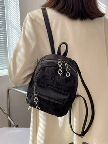 迷你時尚後背包花朵圖案學院風 - 黑色 - 查看 5