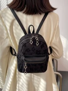 迷你時尚後背包花朵圖案學院風 - 黑色 - 查看 7