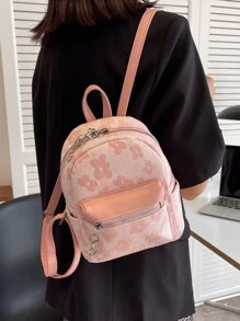 迷你時尚後背包花朵圖案學院風 - 粉色 - 查看 5