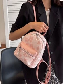 迷你時尚後背包花朵圖案學院風 - 粉色 - 查看 8