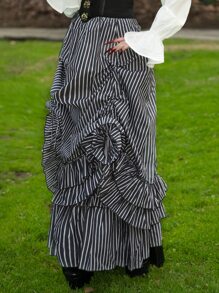 Scarlet Darkness Vintage Striped Layered Ruffle Hem Gothic Victorian Renaissance Skirt - Dark Grey - View 3