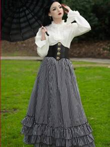 Scarlet Darkness Vintage Striped Layered Ruffle Hem Gothic Victorian Renaissance Skirt - Dark Grey - View 4