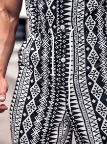 Manfinity RSRT Men Geo Print Drawstring Waist Jumpsuit - Black and White - View 5