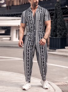 Manfinity RSRT Men Geo Print Drawstring Waist Jumpsuit - Black and White - View 6