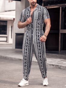 Manfinity RSRT Men Geo Print Drawstring Waist Jumpsuit - Black and White - View 7