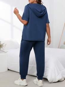 SHEIN LUNE 大碼插肩袖抽繩連帽T恤和運動褲 - 藏蓝色 - 查看 2