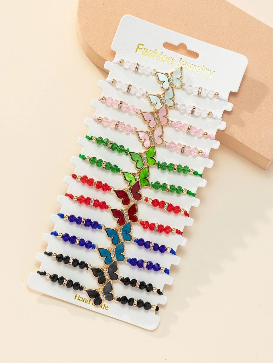 12入組/套時尚鋅合金水鑽和蝴蝶裝飾串珠手鏈適用於女士適用於日常 - 彩色 - 查看 1