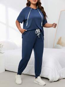 SHEIN LUNE 大碼插肩袖抽繩連帽T恤和運動褲 - 藏蓝色 - 查看 3