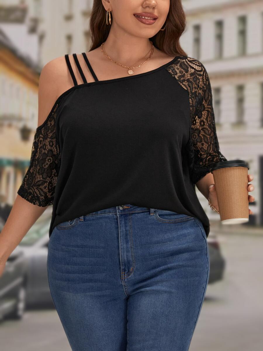 SHEIN Clasi Áo thun Plus size Bất đối xứng Tương phản ren màu trơn Giải trí - màu đen - Xem 1