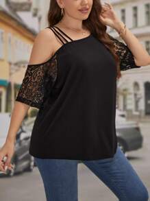 SHEIN Clasi Áo thun Plus size Bất đối xứng Tương phản ren màu trơn Giải trí - màu đen - Xem 3