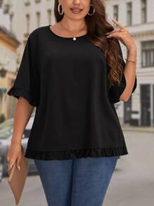 SHEIN LUNE 大碼素色荷葉邊襯衫 - 黑色 - 查看 1