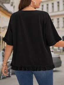 SHEIN LUNE 大碼素色荷葉邊襯衫 - 黑色 - 查看 2
