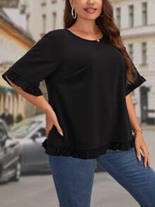 SHEIN LUNE 大碼素色荷葉邊襯衫 - 黑色 - 查看 3