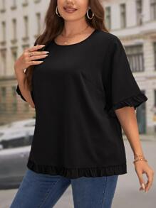 SHEIN LUNE 大碼素色荷葉邊襯衫 - 黑色 - 查看 4