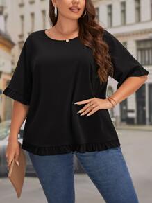 SHEIN LUNE 大碼素色荷葉邊襯衫 - 黑色 - 查看 5