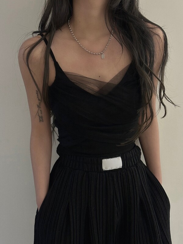 DAZY Solid Mesh Overlay Cami Top Dress Going Out Tops