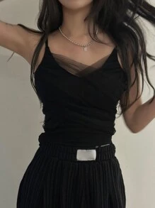 DAZY Solid Mesh Overlay Cami Top Dress Going Out Tops