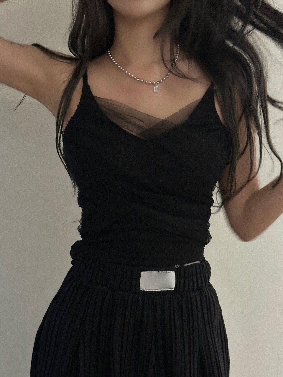 Solid Mesh Overlay Cami Top Dress Going Out Tops