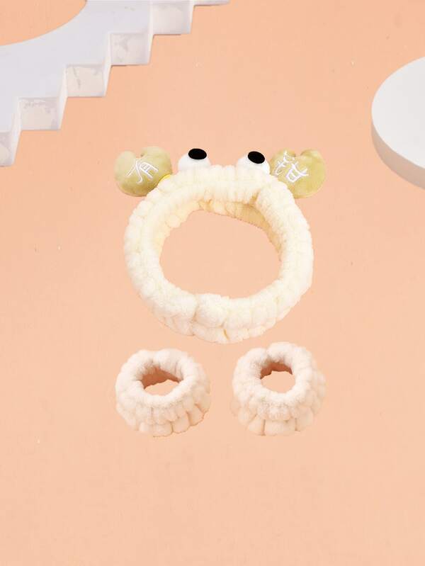 3pcs/set Crab Design Bath Headband & Wristband, Minimalist Polyester Bath Headband Set For