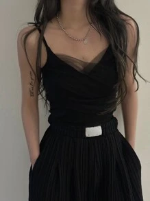 DAZY Solid Mesh Overlay Cami Top Dress Going Out Tops