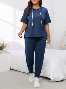 SHEIN LUNE 大碼插肩袖抽繩連帽T恤和運動褲 - 藏蓝色 - 查看 4