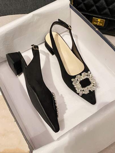 2025 Autumn Women Rhinestone Decor Point Toe Flats, Glamorous Faux Suede Slingback Flats