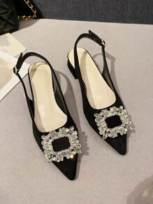 2025 Autumn Women Rhinestone Decor Point Toe Flats, Glamorous Faux Suede Slingback Flats - Black - View 2