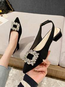 2025 Autumn Women Rhinestone Decor Point Toe Flats, Glamorous Faux Suede Slingback Flats - Black - View 3
