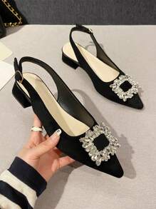 2025 Autumn Women Rhinestone Decor Point Toe Flats, Glamorous Faux Suede Slingback Flats - Black - View 4