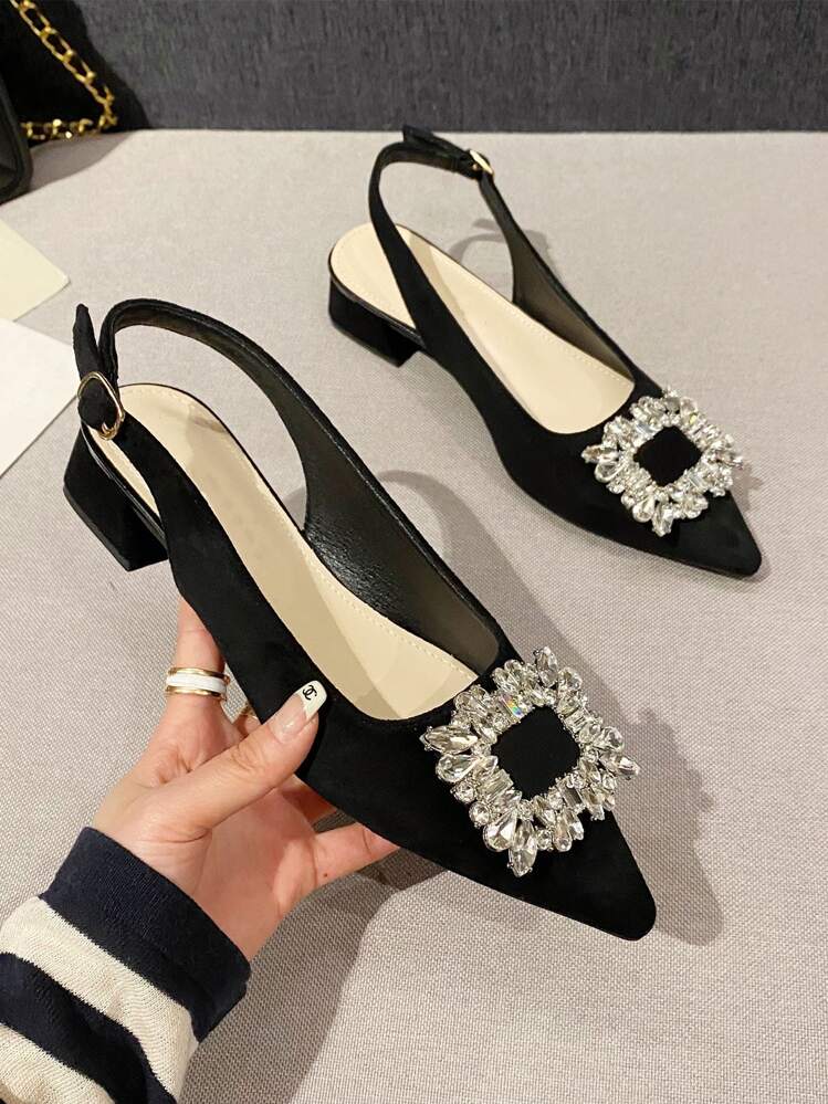 2025 Autumn Women Rhinestone Decor Point Toe Flats, Glamorous Faux Suede Slingback Flats - Black - View 4