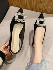 2025 Autumn Women Rhinestone Decor Point Toe Flats, Glamorous Faux Suede Slingback Flats - Black - View 5
