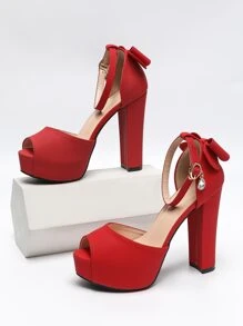 Gentle Style Bow Back Decor Thick Sole Chunky Heel Sandals Women's Rhinestone Pendant Ankle Strap Open Toe Party Bridal Height-Increasing Shoes - Red - View 4