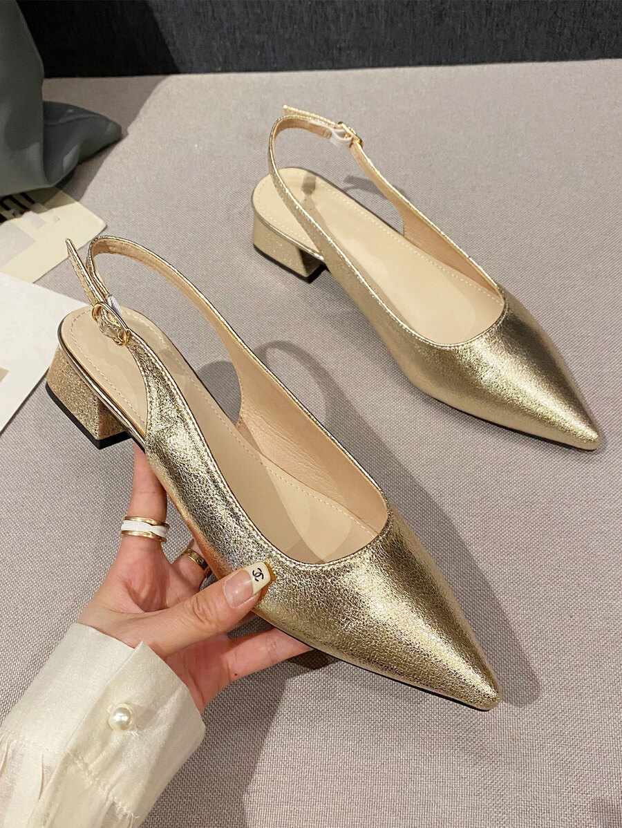 Women Metallic Point Toe Flats, Glamorous Gold Slingback Flats - Gold - View 1