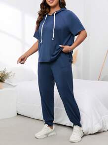 SHEIN LUNE 大碼插肩袖抽繩連帽T恤和運動褲 - 藏蓝色 - 查看 5