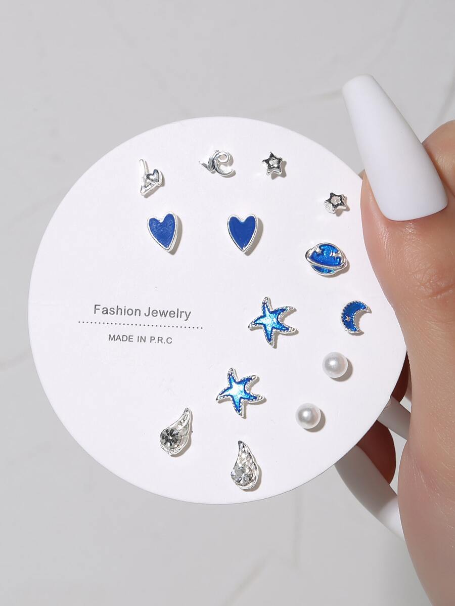 7 cặp/bộ Hoa tai đính đá thời trang hình trái tim và ngọc trai giả dành cho phụ nữ dùng để trang trí hàng ngày cho ngày lễ tình nhân, mẹ, mẹ, ngày của mẹ, quà tặng - Nhiều màu - Xem 1