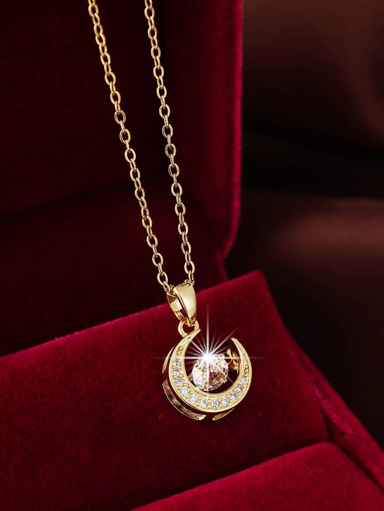 1pc Fashion Copper Cubic Zirconia Moon Pendant Chain Necklace For Women For Daily Life Copper Jewelry