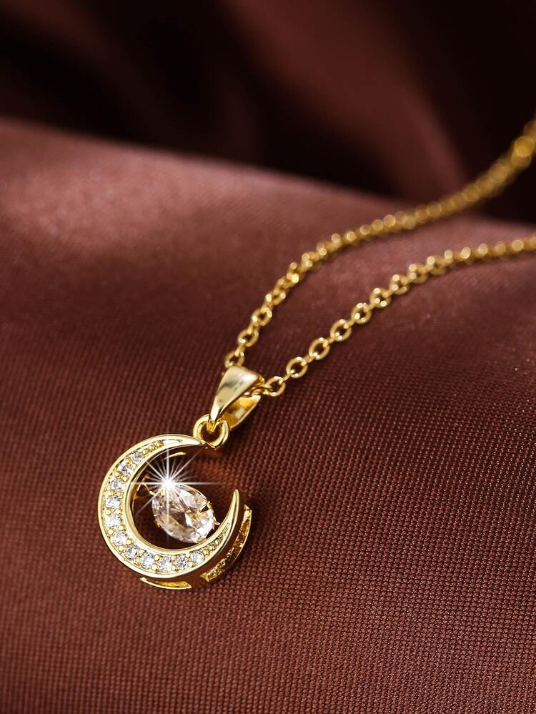 1pc Fashion Copper Cubic Zirconia Moon Pendant Chain Necklace For Women For Daily Life Copper Jewelry