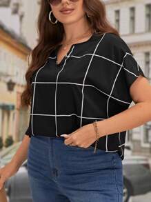 SHEIN LUNE 大碼格紋印花缺口領蝙蝠袖襯衫 - 黑色 - 查看 3