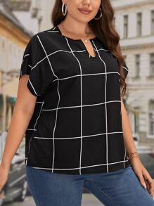 SHEIN LUNE 大碼格紋印花缺口領蝙蝠袖襯衫 - 黑色 - 查看 5